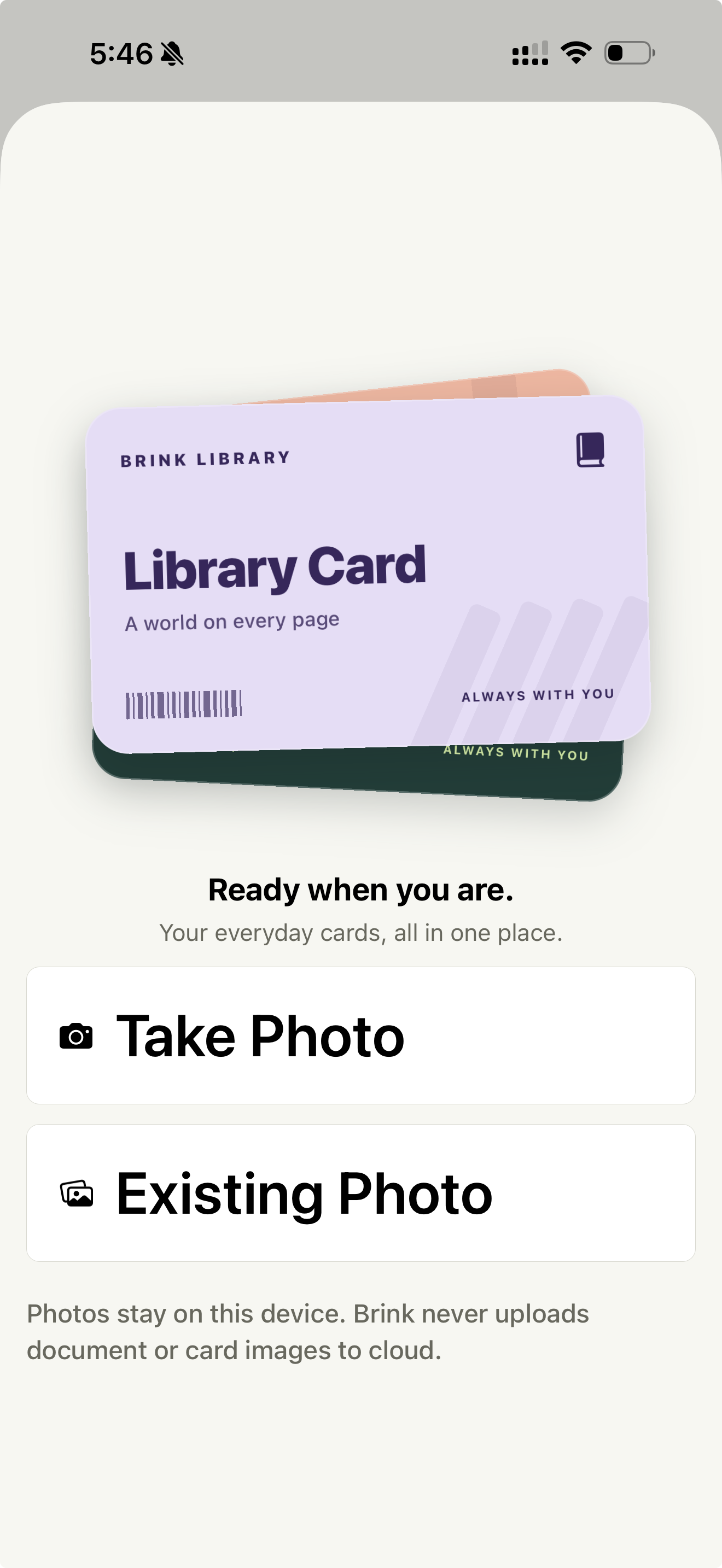 Brink app showing Take Photo and Existing Photo options with Library Card preview