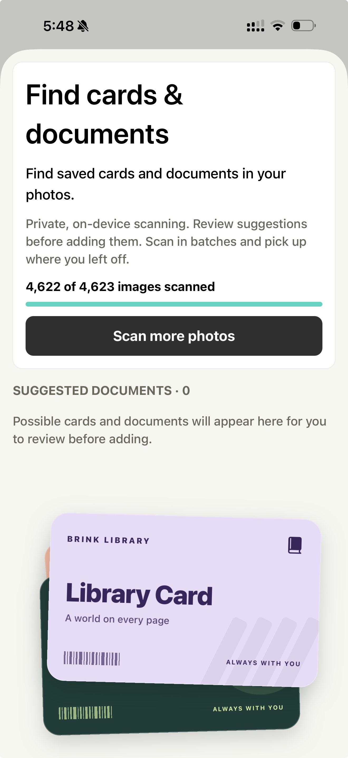 Brink Find cards and documents screen showing 4,622 of 4,623 images scanned